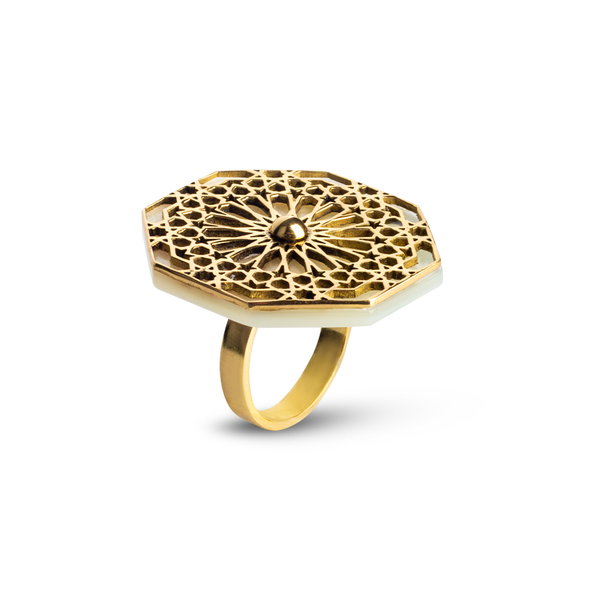 Mother of pearl ring with geometric patterns