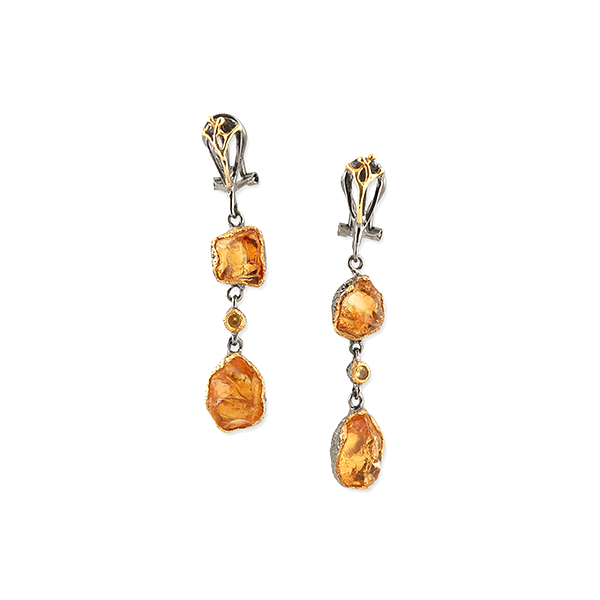 Silver earrings with rough citrine and sapphire