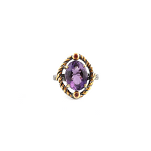 Load image into Gallery viewer, Front view of silver ring with amethyst and red sapphire