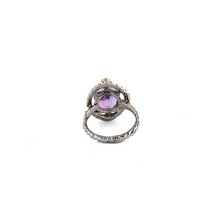 Load image into Gallery viewer, Back view of silver ring with amethyst and red sapphire