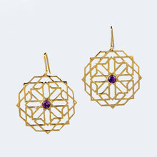 Load image into Gallery viewer, Brass Earrings| Faceted Amethyst| Geometric Patterns