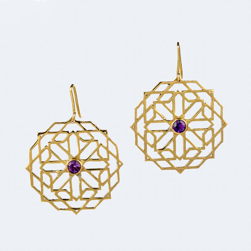 Brass Earrings| Faceted Amethyst| Geometric Patterns