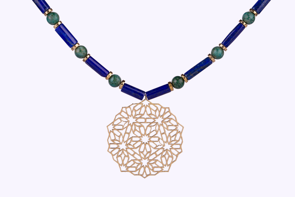 Brass Necklace| Aventurine Beads | Lapis Lazuli Beads| Geometric Patterns