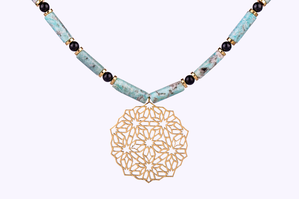 Brass Necklace| Riverstone Beads | Amazonite Beads| Geometric Patterns