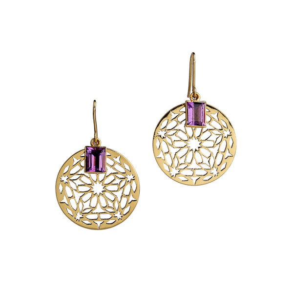Amethyst Earrings| Brass Earrings| Geometric Pattern| Faceted Stone