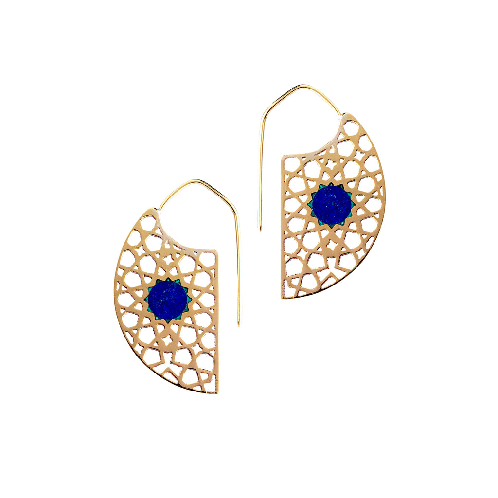 Brass Earrings| Lapis Lazuli Earrings| Islamic Geometric Patterns| Pietra Dura