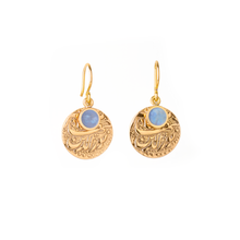 Load image into Gallery viewer, Gold plated silver earrings with natural fluorite inlay and mughal replica coin