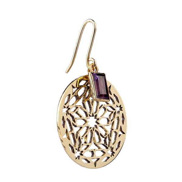 Amethyst Earrings| Brass Earrings| Geometric Pattern| Faceted Stone