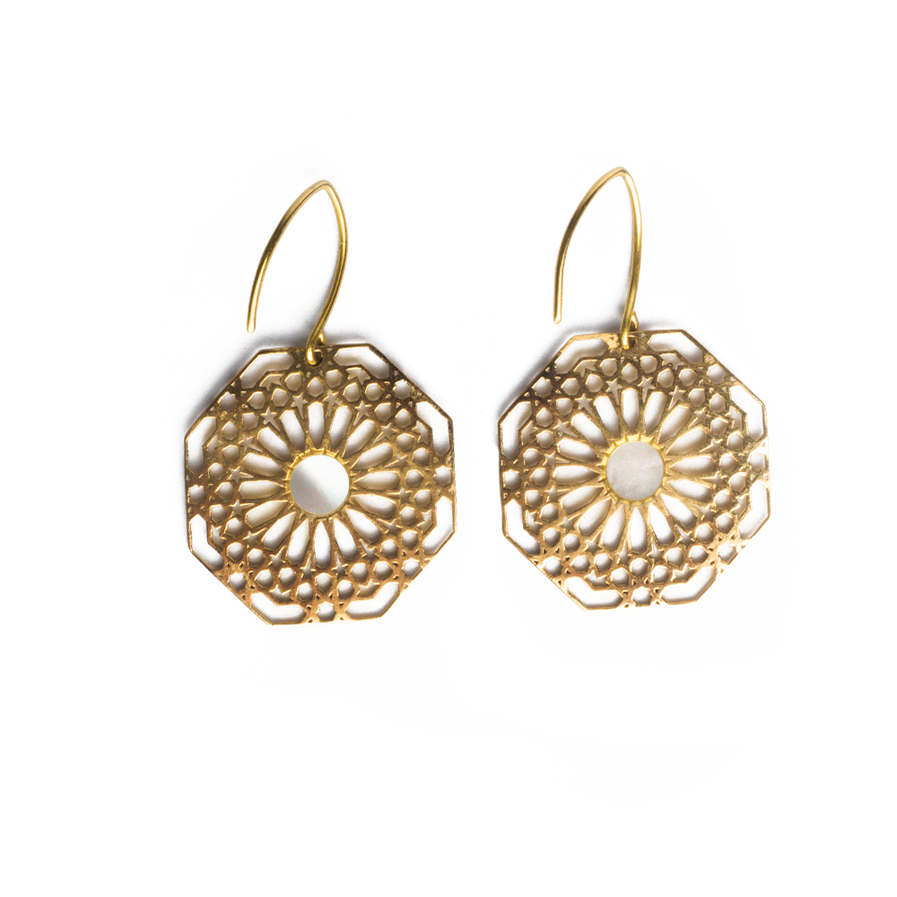 Geometric pattern brass earrings for mother of pearl