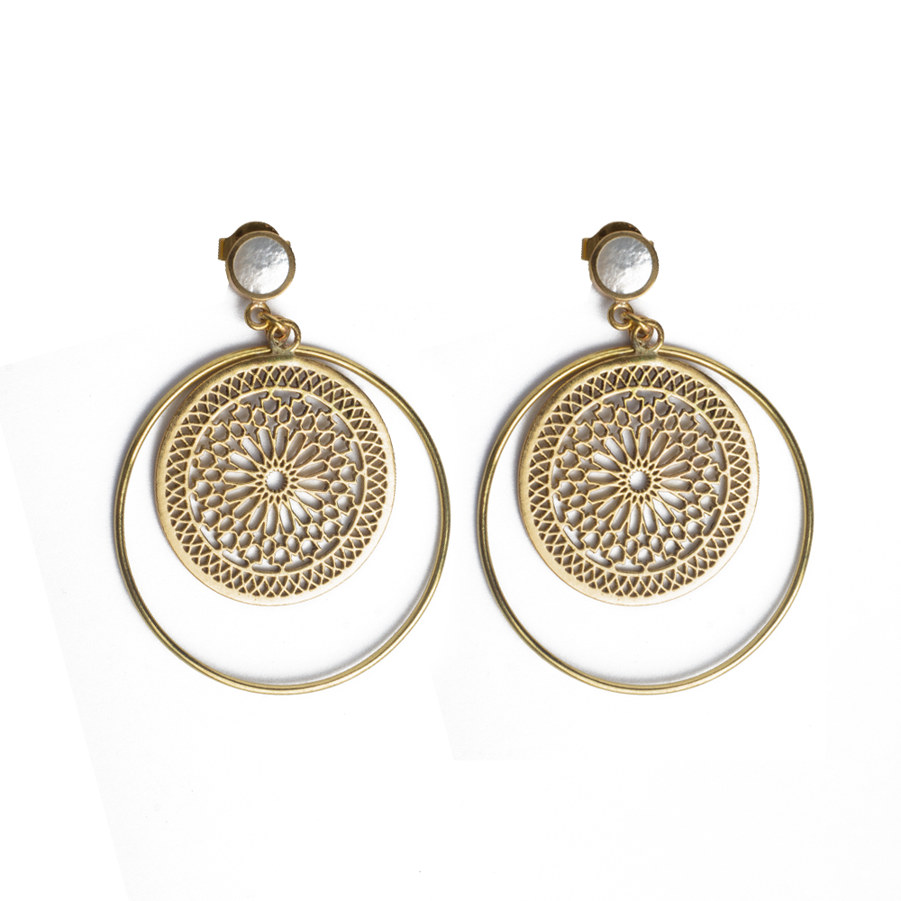 Mother of pearl earrings, geometric pattern earrings , brass earrings 